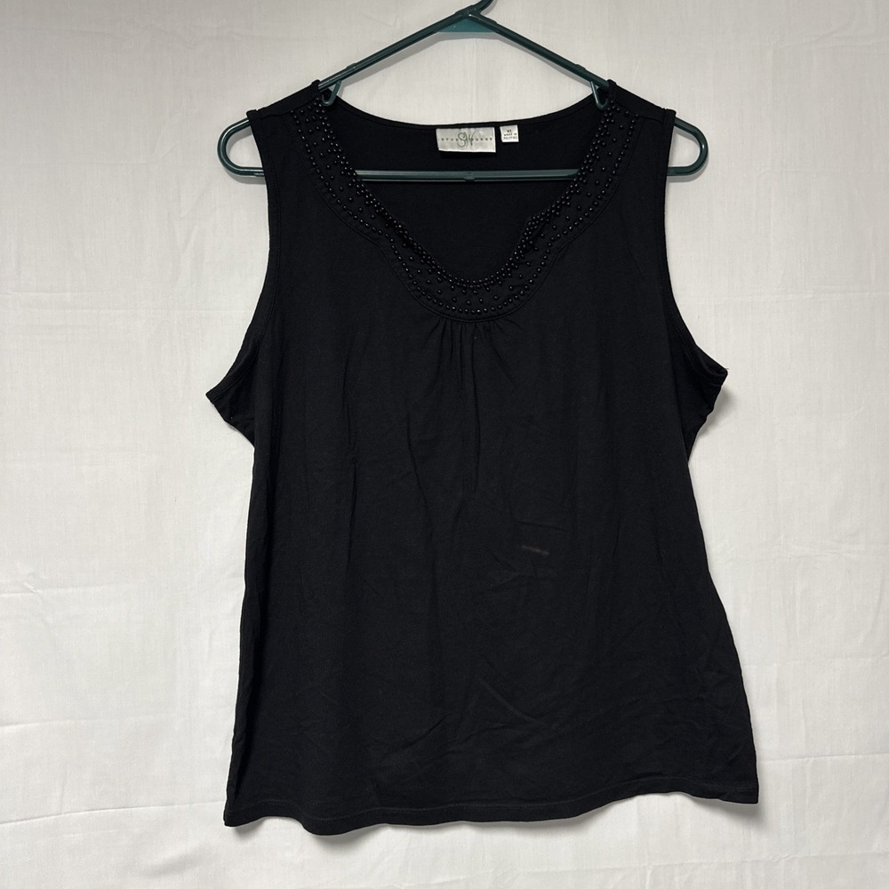 Studio Works Women's XL Black Tank Top Beaded Boho Festival Y2K Minimalist Basic